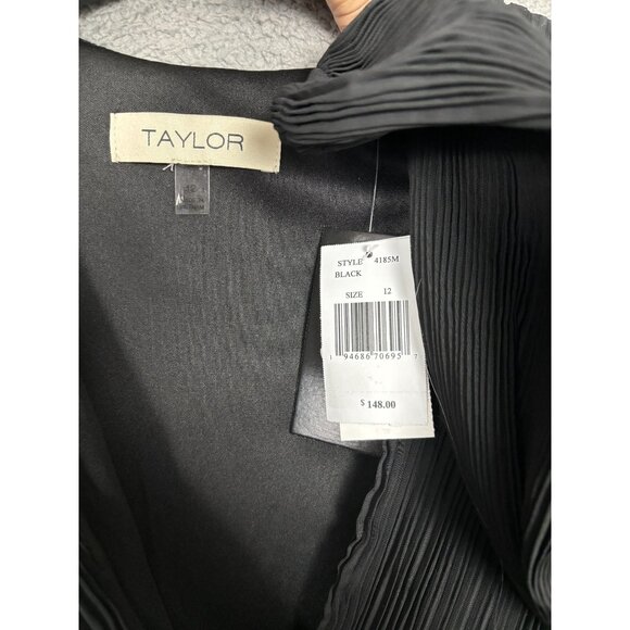 Taylor Women's Black Pleated Belted Fit & Flare Midi Chiffon Dress 12 NWT's. - Picture 7 of 8